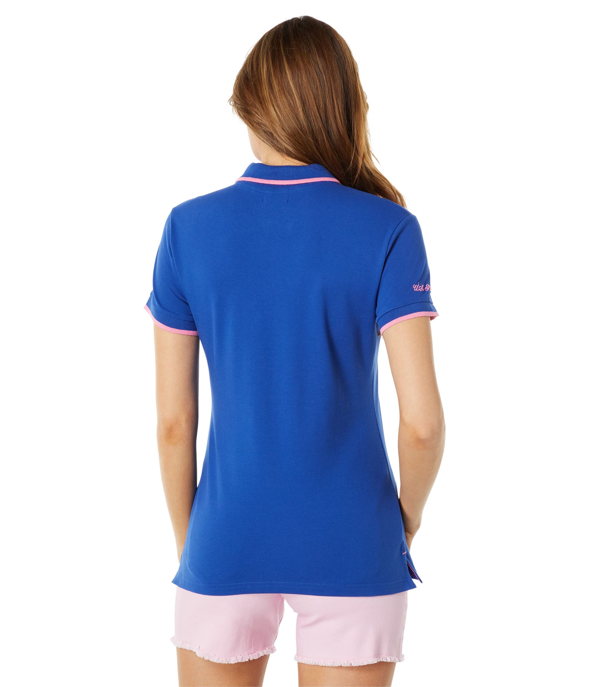 U.S. Polo Assn. Women's Classic Stretch Pique Polo Shirt - Ladies Cotton Short Sleeve Golf Shirt, Women's Polo Shirts for Work, School, Tennis & Semi-Formal Events - Blue Raft (Large)