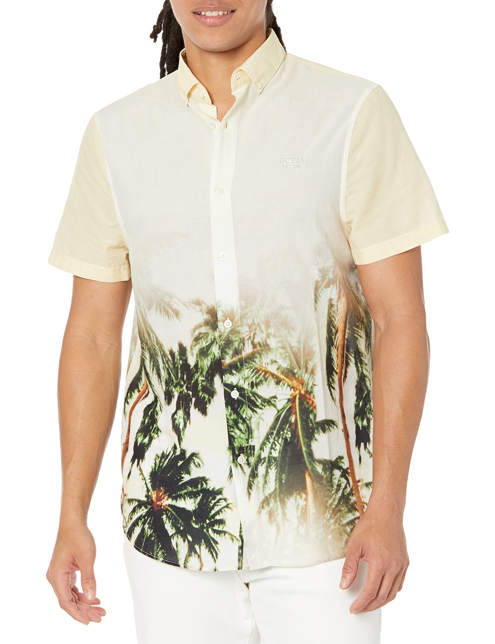 GUESS Men's Short Sleeve Collins AOP Shirt, Palms Print Green