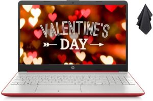 2021 newest 15.6" hp pavilion hd laptop, intel quad-core pentium processor, 8gb ram, 128gb ssd, intel uhd graphics, hd webcam, bluetooth, hdmi, usb type-c, scarlet red, windows 10 + oydisen cloth