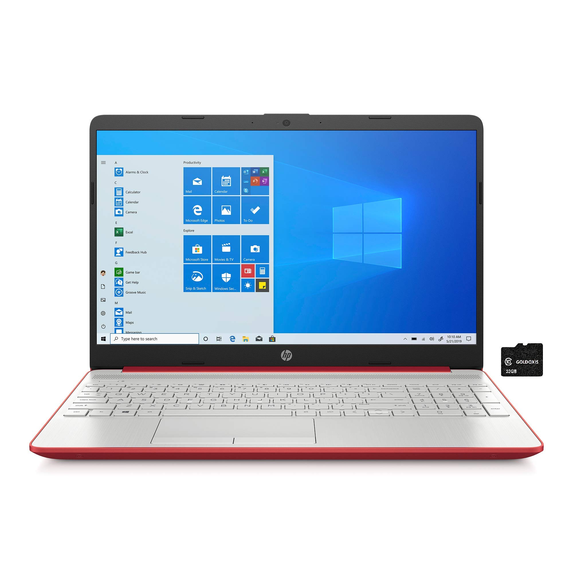 HP 2021 Pavilion 15.6" HD Laptop Computer, Intel Pentium Processor, Quad Core, 8GB RAM, 128GB SSD, HD Webcam, USB-C, HDMI, Bluetooth RJ-45, Windows 10 S, Red, GOLDOXIS 32gb Card