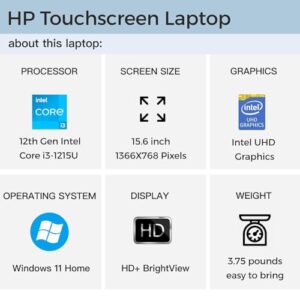 HP Newest 15.6" Touchscreen Laptop, Intel 6-Core i3-1215U Processor, 8GB RAM, 512GB SSD, Intel UHD Graphics, WiFi, Fast Charge, HDMI, Thin & Portable, Long Battery Life, Windows 11 Home