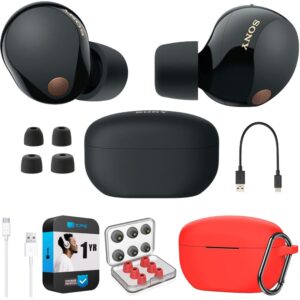 sony wf-1000xm5 industry leading noise canceling truly wireless earbuds (black) bundle with silicone case (red), memory foam ear tips, usb-a to usb-c cable & 1 yr cps enhanced protection pack