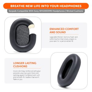 WC Wicked Cushions Extra Thick Earpads for Sony XM5 - Soft PU Leather Cushions, Luxurious Noise Isolating Memory Foam, Added Thickness | Black