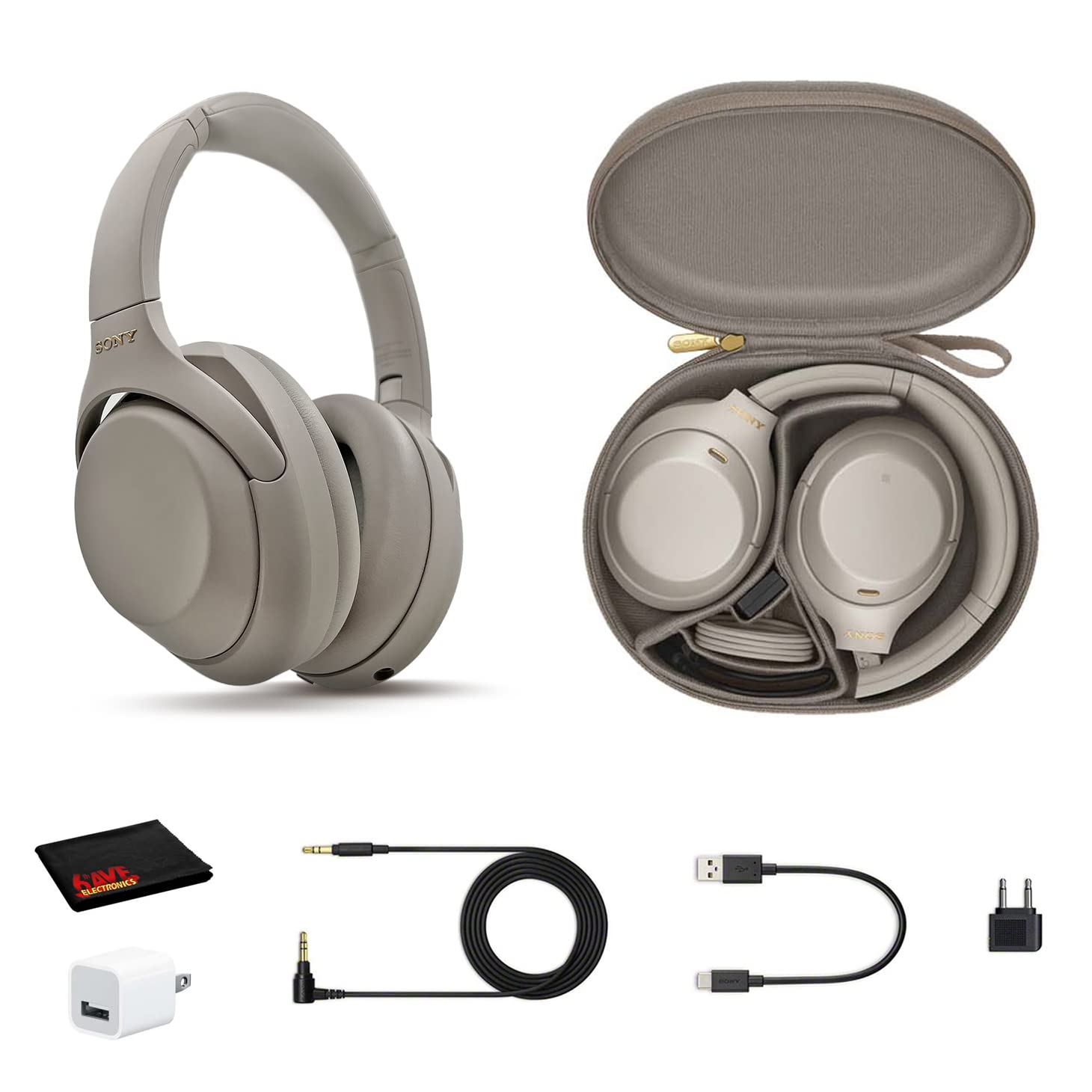 Sony WH-1000XM4 Wireless Noise Canceling Overhead Headphones with Mic for Phone-Call, Voice Control, Silver, with USB Wall Adapter and MicroFiber Cleaning Cloth - Bundle