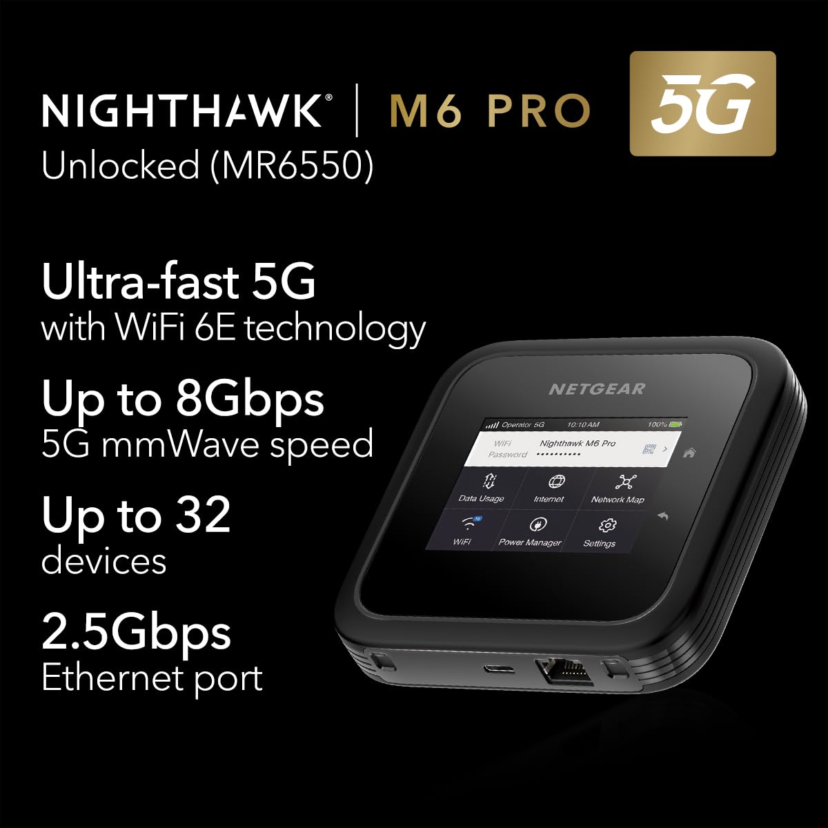 NETGEAR Nighthawk M6 Pro Mobile Hotspot 5G mmWave, 8Gbps, Unlocked,AT&T, T-Mobile,Verizon International Roaming 125 Countries,WiFi 6E,Portable Device with touch control, Modem Wireless Router(MR6550)