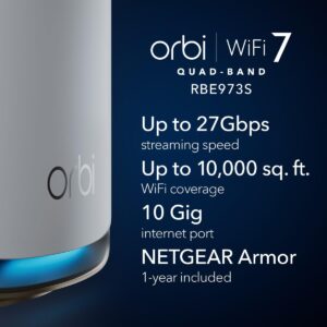 NETGEAR Orbi 970 Series Quad-Band WiFi 7 Mesh Network System (RBE973S), Router + 2 Satellite Extenders, Covers Up to 10,000 sq. ft., 200 Devices, 10 Gig Internet Port, BE27000 802.11be (Up to 27Gbps)