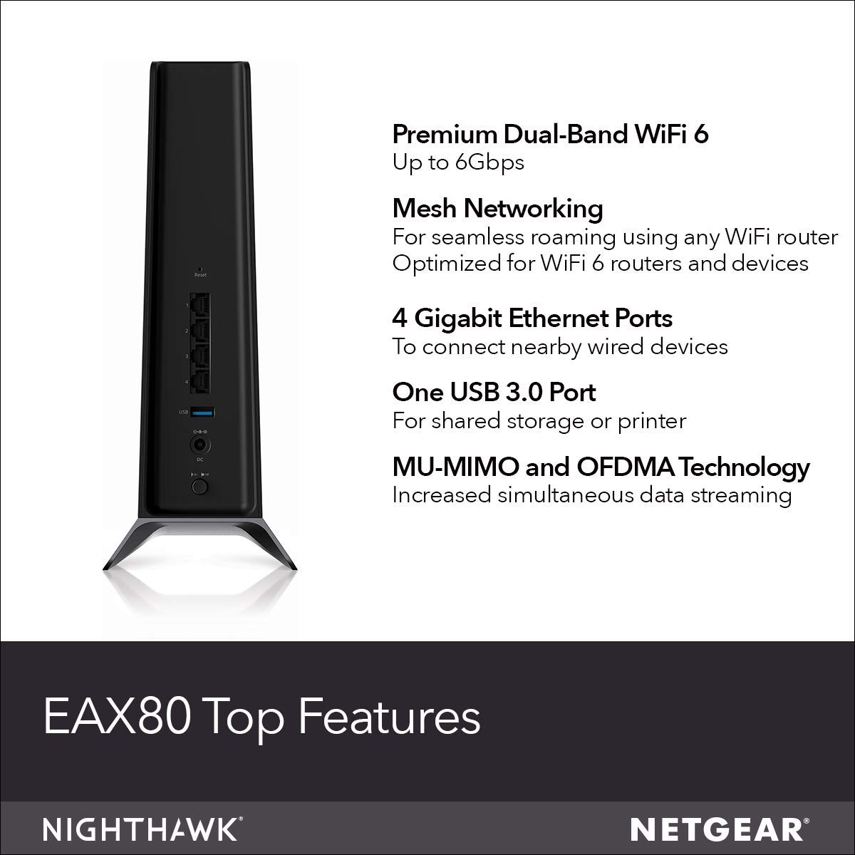 Netgear Nighthawk WiFi 6 Mesh Range Extender EAX80 AX6000 Dual-Band Wireless Signal Booster & Repeater , BLK(Renewed)