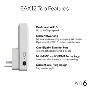 NETGEAR WiFi 6 Mesh Range Extender (EAX12) - Add up to 1,200 sq. ft. and 15+ Devices with AX1600 Dual-Band Wireless Signal Booster & Repeater (up to 1.6Gbps Speed), WPA3 Security, Smart Roaming