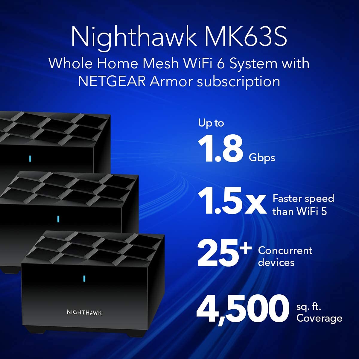 NETGEAR Nighthawk Advanced Whole Home Mesh WiFi 6 System (MK63S) with Free Armor Security – AX1800 Router with 2 Satellite Extenders, Coverage up to 4,500 sq. ft. and 25+ Devices (Renewed)