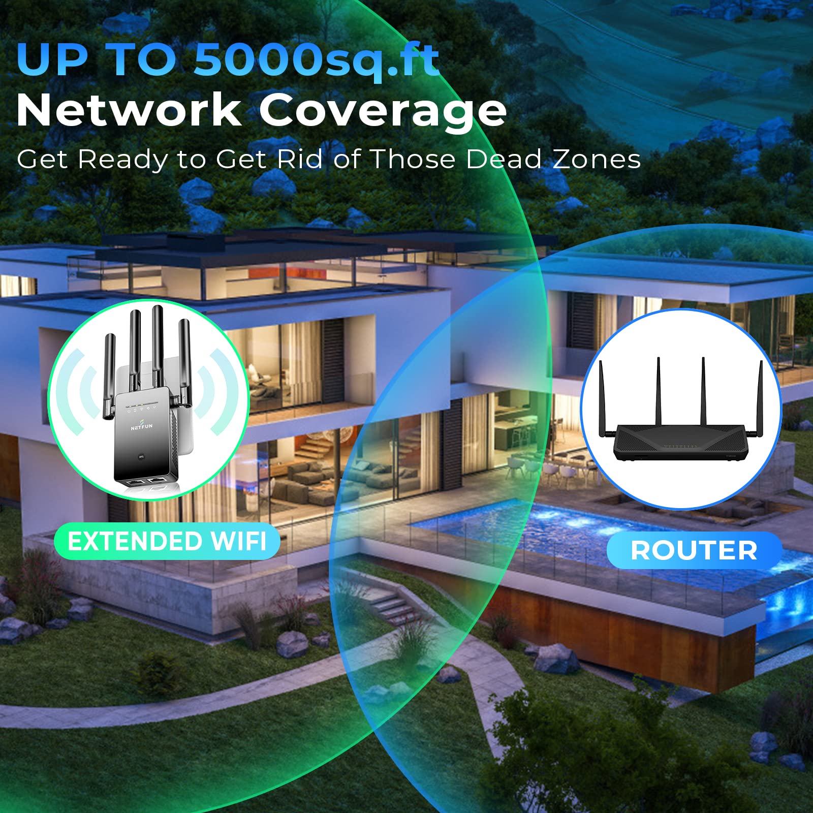 WiFi Extender Signal Booster for Home - 2023 Release Up to 9956 sq.ft Coverage - Long Range Wireless Internet Repeater and Signal Amplifier with Ethernet Port - 1 Tap Setup