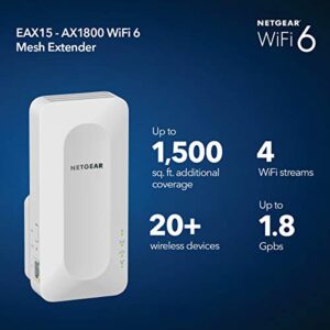 NETGEAR WiFi 6 Mesh Range Extender (EAX15) - Add up to 1,500 sq. ft. and 20+ Devices with AX1800 Dual-Band Wireless Signal Booster & Repeater (up to 1.8Gbps Speed), WPA3 Security, Smart Roaming