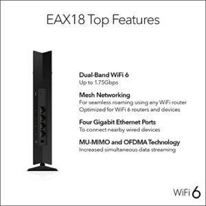 NETGEAR WiFi 6 Mesh Range Extender (EAX18) - Add up to 1,500 sq. ft. and 20+ Devices with AX1750 Dual-Band Wireless Signal Booster & Repeater (up to 1.75Gbps Speed), WPA3 Security, Smart Roaming