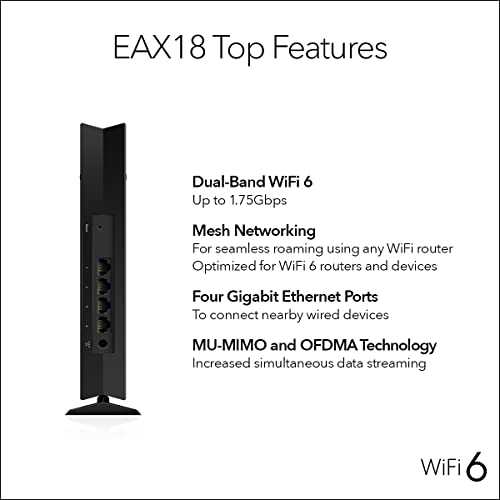 NETGEAR WiFi 6 Mesh Range Extender (EAX18) - Add up to 1,500 sq. ft. and 20+ Devices with AX1750 Dual-Band Wireless Signal Booster & Repeater (up to 1.75Gbps Speed), WPA3 Security, Smart Roaming