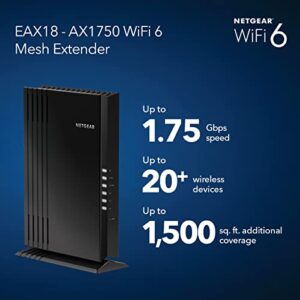 NETGEAR WiFi 6 Mesh Range Extender (EAX18) - Add up to 1,500 sq. ft. and 20+ Devices with AX1750 Dual-Band Wireless Signal Booster & Repeater (up to 1.75Gbps Speed), WPA3 Security, Smart Roaming