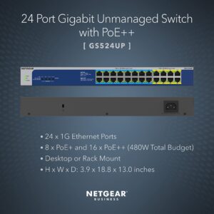 NETGEAR 24-Port Gigabit Ethernet Unmanaged PoE Switch (GS524UP) - with 8 x PoE+ and 16 x Ultra60 PoE++ @ 480W, Desktop or Rackmount, and Limited Lifetime Protection