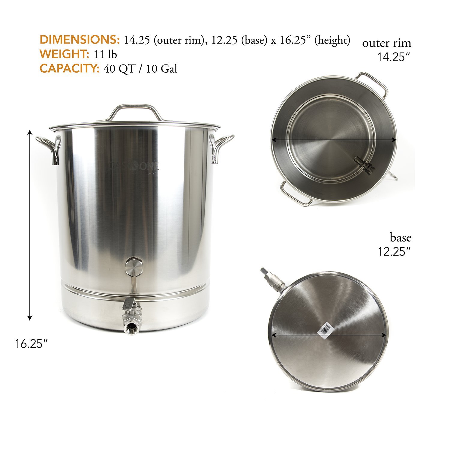 GasOne BS-40 Stainless Steel Kettle Pot Pre Drilled 4 PC Set Quart Tri Ply Bottom for Beer Includes Lid, Thermometer, Ball Valve Spigot-Home Brewing Supplies, 40 QT/10 GALLON