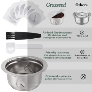 Grasseed Refillable Vertuo Capsule, Reusable Stainless Steel Vertuo Pod Kit with 100 Foil Lids, Spoon, Brush, Brew 7.8oz- Compatible with Vertuoline Machine