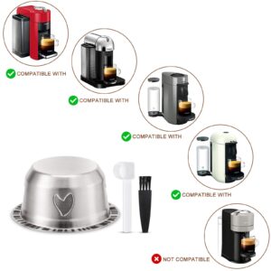 Grasseed Refillable Vertuo Capsule, Reusable Stainless Steel Vertuo Pod Kit with 100 Foil Lids, Spoon, Brush, Brew 7.8oz- Compatible with Vertuoline Machine