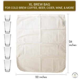 (XL 22in x 26in) Organic Cotton Brew In A Bag - Designed in CA - Reusable Home Brewing Strainer Bag with EasyOpen Drawstring to Boil and Strain Hops, Apple Cider, Commercial Cold Brew Coffee Filter