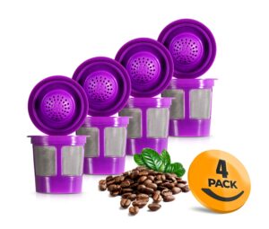 k&j reusable filter cups compatible with keurig 1.0 k-cups - includes freedom clip for compatibility with keurig 2.0 machines (4-pack, purple)