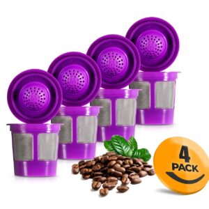 K&J Reusable Filter Cups Compatible with Keurig 1.0 K-Cups - Includes Freedom Clip for Compatibility With Keurig 2.0 Machines (4-Pack, Purple)