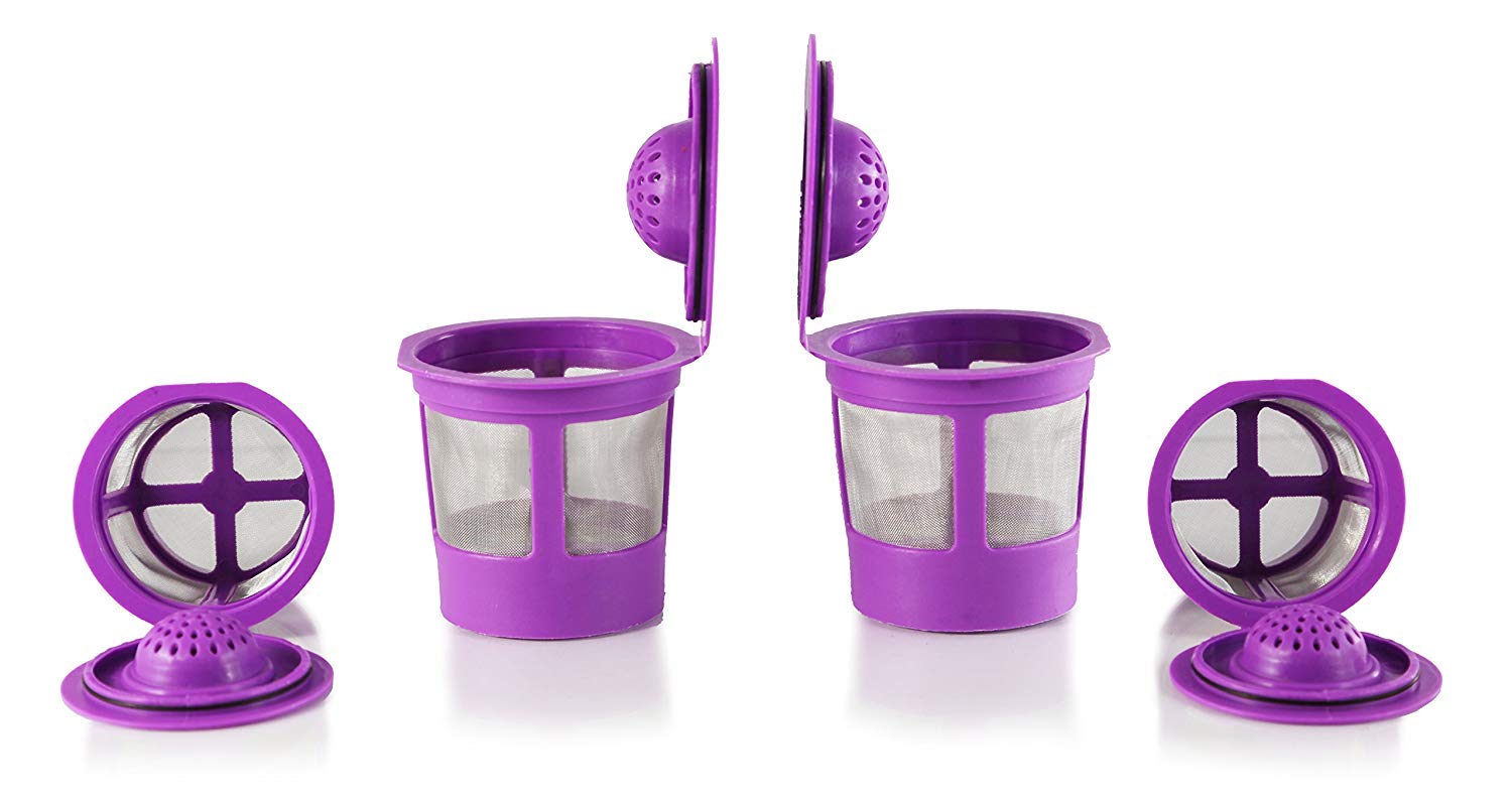 K&J Reusable Filter Cups Compatible with Keurig 1.0 K-Cups - Includes Freedom Clip for Compatibility With Keurig 2.0 Machines (4-Pack, Purple)