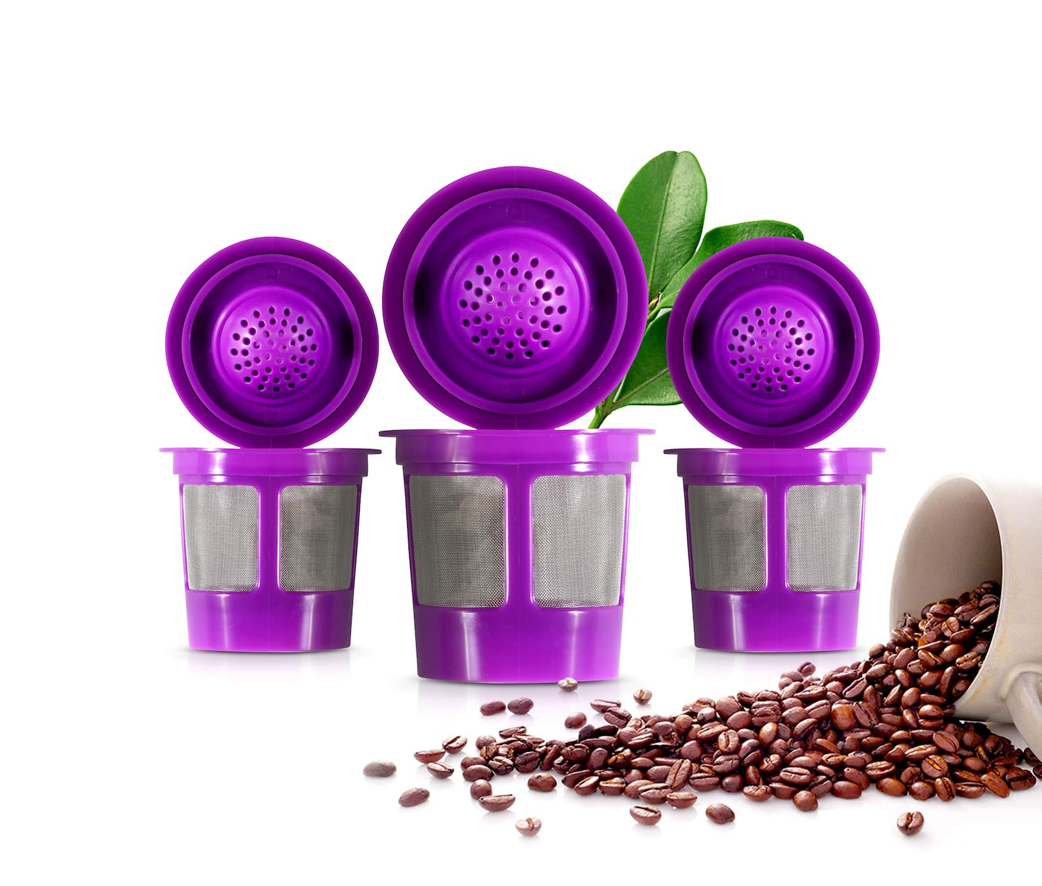 K&J Reusable Filter Cups Compatible with Keurig 1.0 K-Cups - Includes Freedom Clip for Compatibility With Keurig 2.0 Machines (4-Pack, Purple)