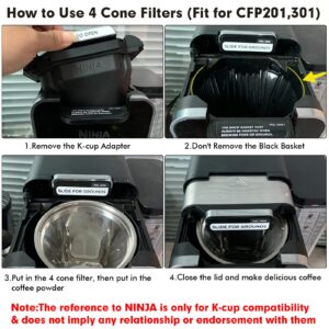 Stainless Steel Reusable Coffee Filter Compatible with Ninja Coffee Maker, 4 Cone Coffee Filters Coffee Basket, Permanent Coffee filters fit for Ninja CFP201 CFP300