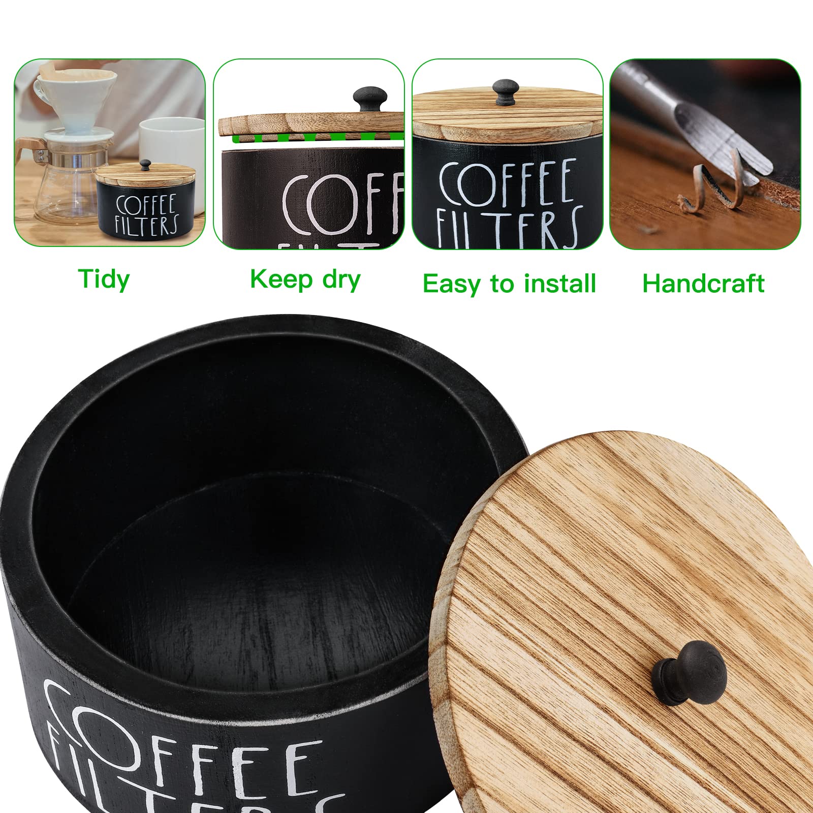 MINCORD Coffee Filter Holder, Wood Coffee Filter Storage Container Coffee Filter Dispenser with Lid, Rustic Farmhouse Coffee Filter Organizer Basket Accessories for Coffee Bar Counter Decor