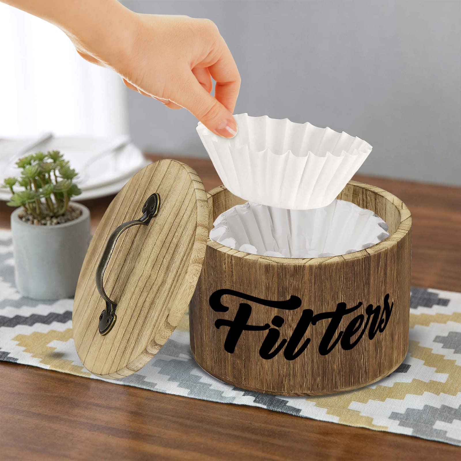 Coffee Filter Holder, Farmhouse Coffee Filter Storage Container Coffee Filter Dispenser with Lid, Coffee Bar Accessories Organizer for Coffee Bar Decor, Wooden Coffee Filter Basket for Counter, Brown