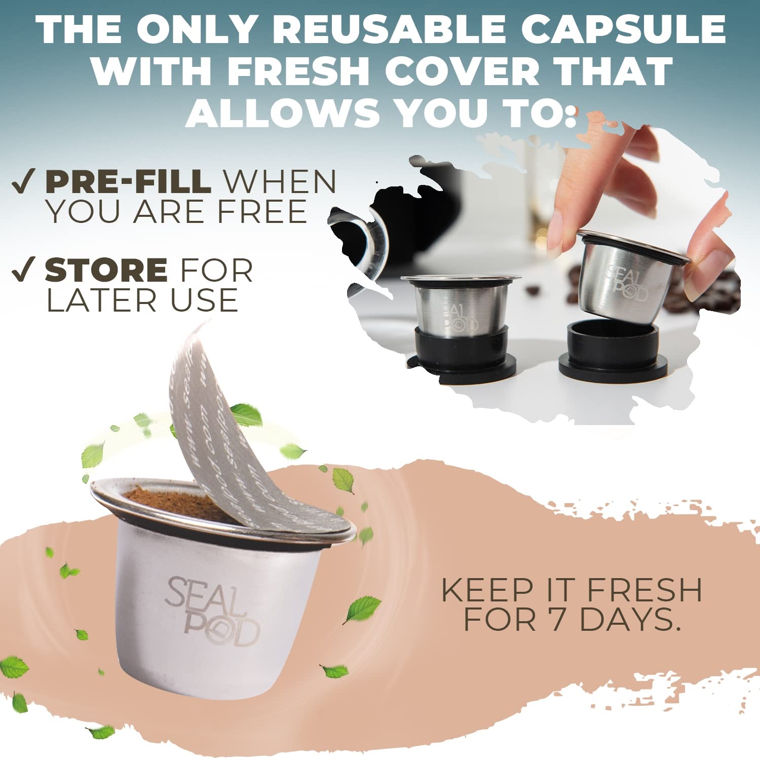 SEAL POD Reusable Nespresso Capsules - Stainless Steel Refillable Pods for Nespresso Machines (5 Pods, 120 Lids)