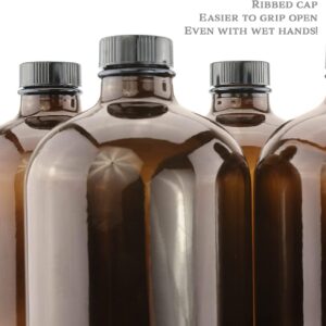 Cornucopia 32-Ounce Amber Kombucha Growler Bottles, 4-Pack, 1 Quart Boston Round Glass Bottles with 6 Polycone Phenolic Lids for Home Brewing