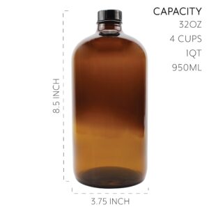 Cornucopia 32-Ounce Amber Kombucha Growler Bottles, 4-Pack, 1 Quart Boston Round Glass Bottles with 6 Polycone Phenolic Lids for Home Brewing