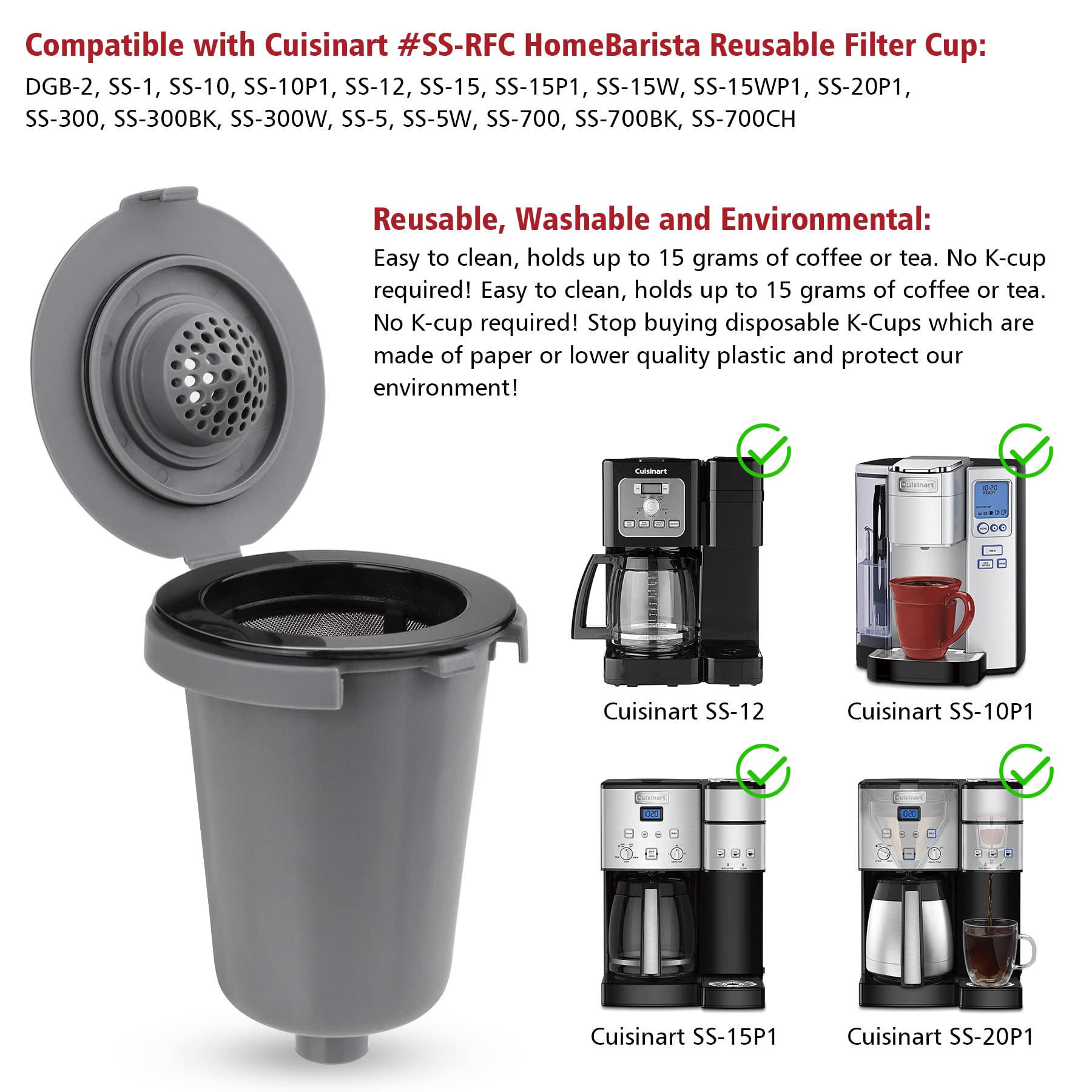 FOTRIC Reusable Filter Cup for Cuisinart, Compatible with Cuisinart #SS-RFC HomeBarista Reusable Filter Cup, Gray (2 Pack)