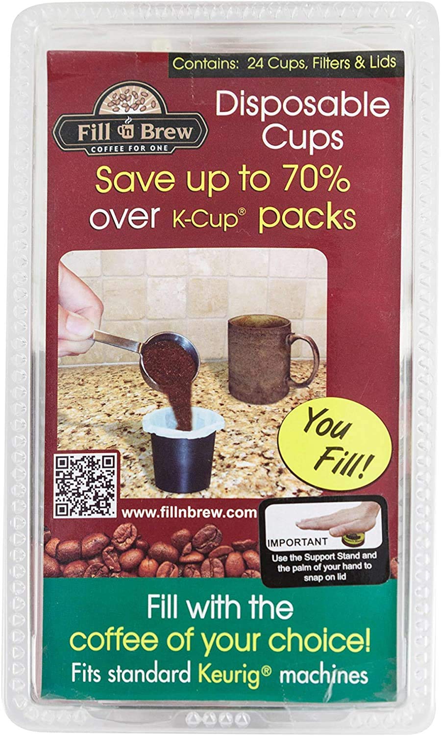 Fill 'n Brew Individual Disposable Coffee Pods for use with Coffee Makers: 24 fillable coffee pods, filters & lids