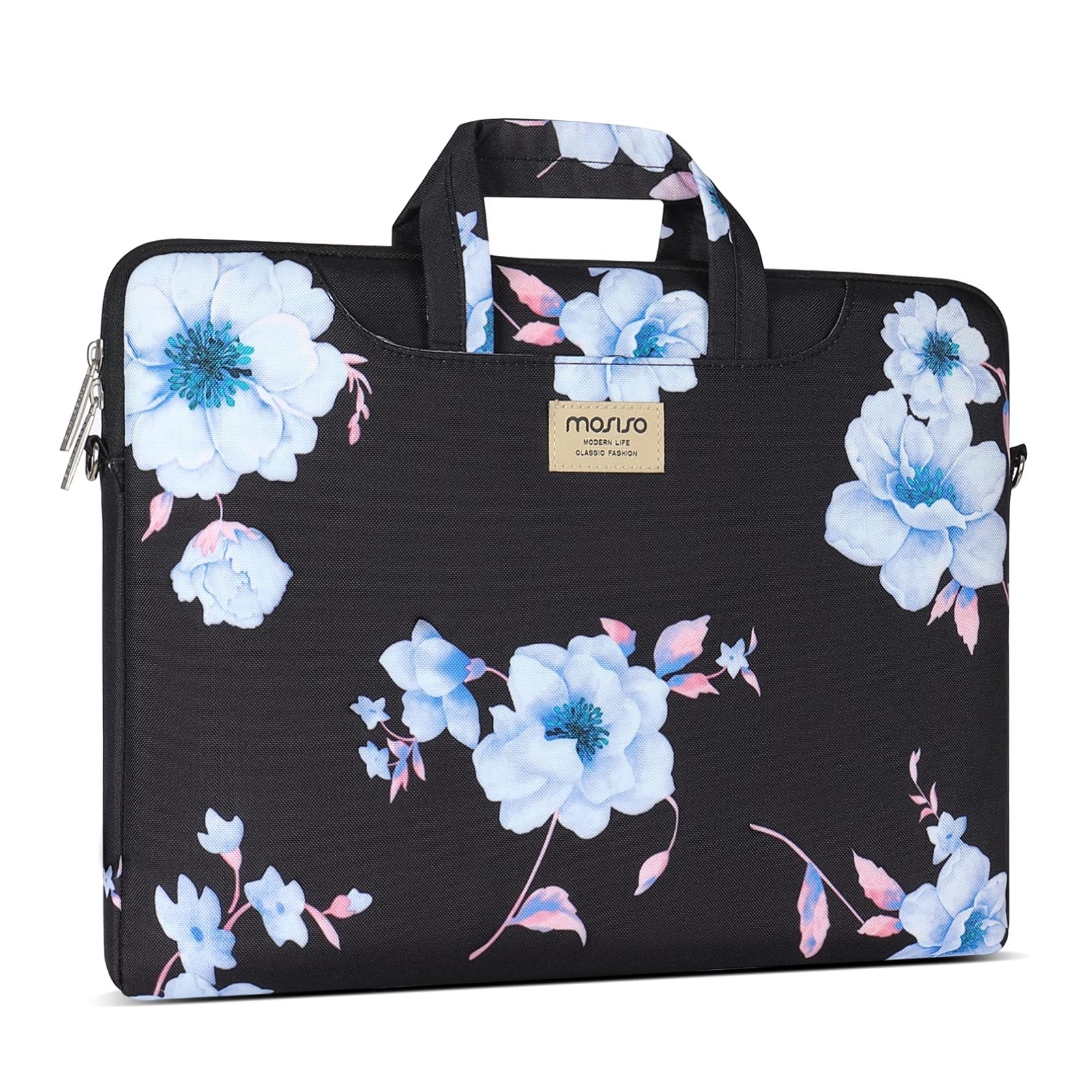 MOSISO Laptop Shoulder Bag Compatible with MacBook Air 15 inch M2 A2941 2023/Pro 16 inch M3 M2 M1 2023-2019, 15-15.6 inch Notebook, Sampaguita Flower Carrying Briefcase Sleeve with Belt