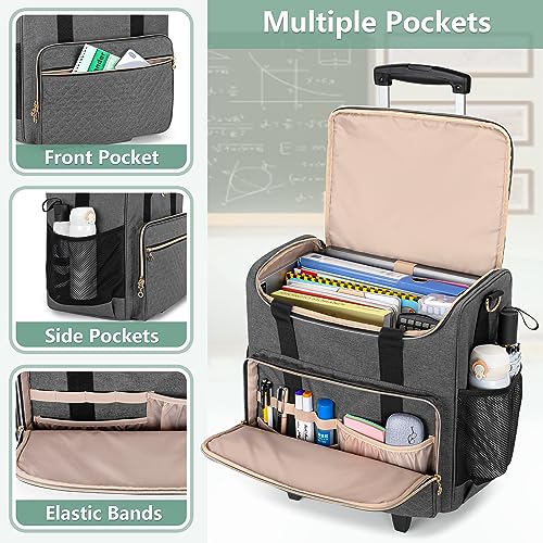 LUXJA Rolling Teacher Bag with Laptop Compartment and Detachable Dolly, Multifunctional Rolling Teacher Tote Bag (Patent Pending), Gray