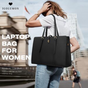 Laptop Bag for Women 15.6 Inch Leather Laptop Tote Bag Waterproof Womens Work Shoulder Bag Professional Computer Briefcase Business Office Bag Large Capacity Fashion Handbag 2PCs Set Black