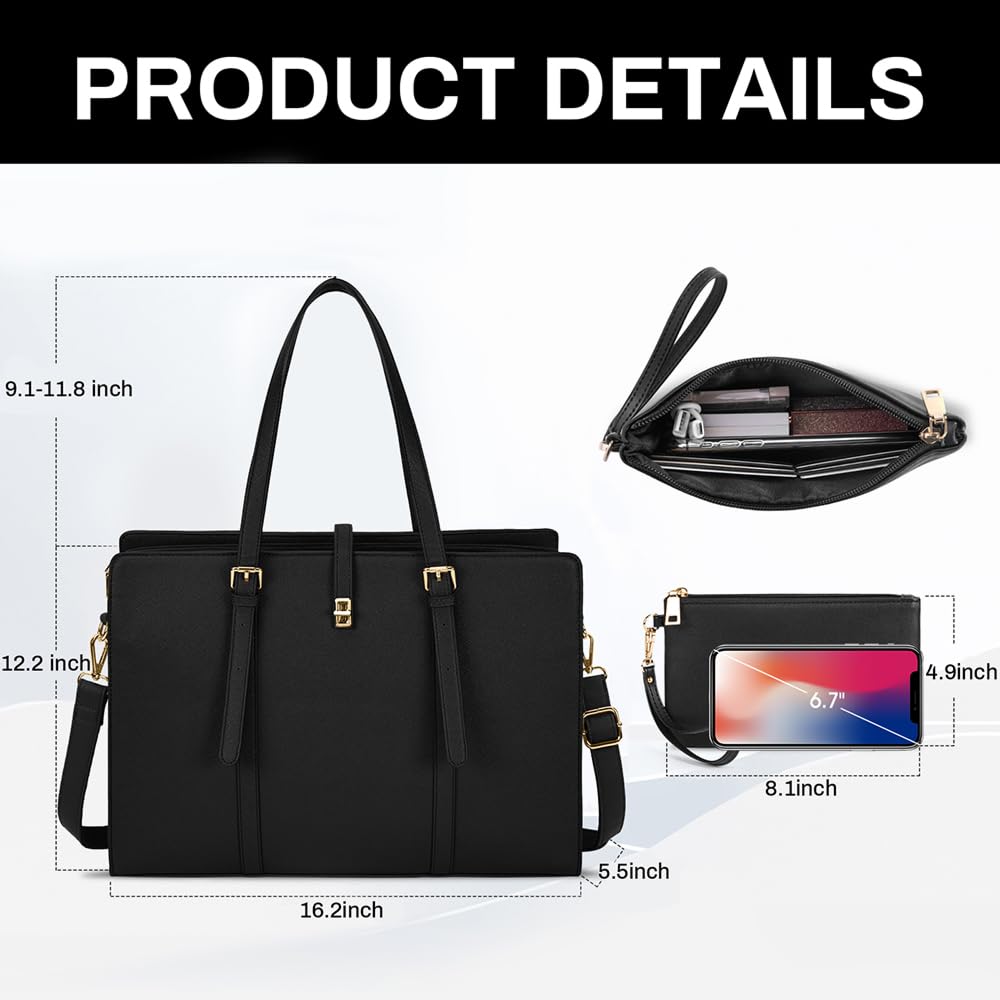 Laptop Bag for Women 15.6 Inch Leather Laptop Tote Bag Waterproof Womens Work Shoulder Bag Professional Computer Briefcase Business Office Bag Large Capacity Fashion Handbag 2PCs Set Black