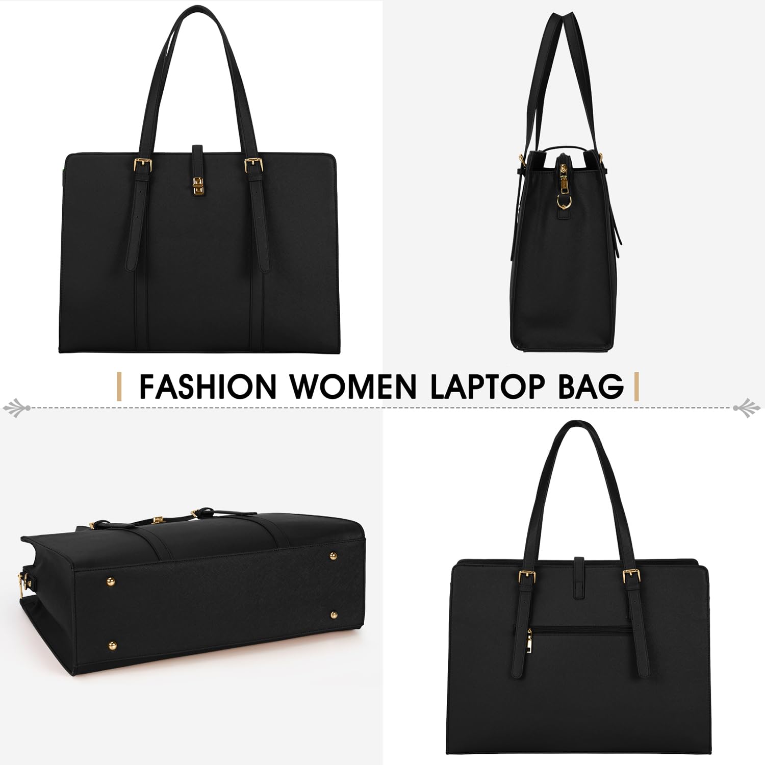 Laptop Bag for Women 15.6 Inch Leather Laptop Tote Bag Waterproof Womens Work Shoulder Bag Professional Computer Briefcase Business Office Bag Large Capacity Fashion Handbag 2PCs Set Black