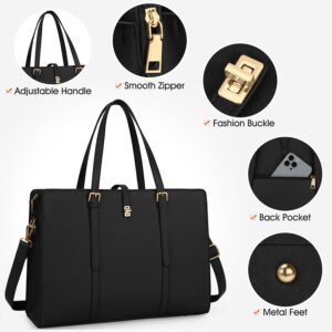 Laptop Bag for Women 15.6 Inch Leather Laptop Tote Bag Waterproof Womens Work Shoulder Bag Professional Computer Briefcase Business Office Bag Large Capacity Fashion Handbag 2PCs Set Black