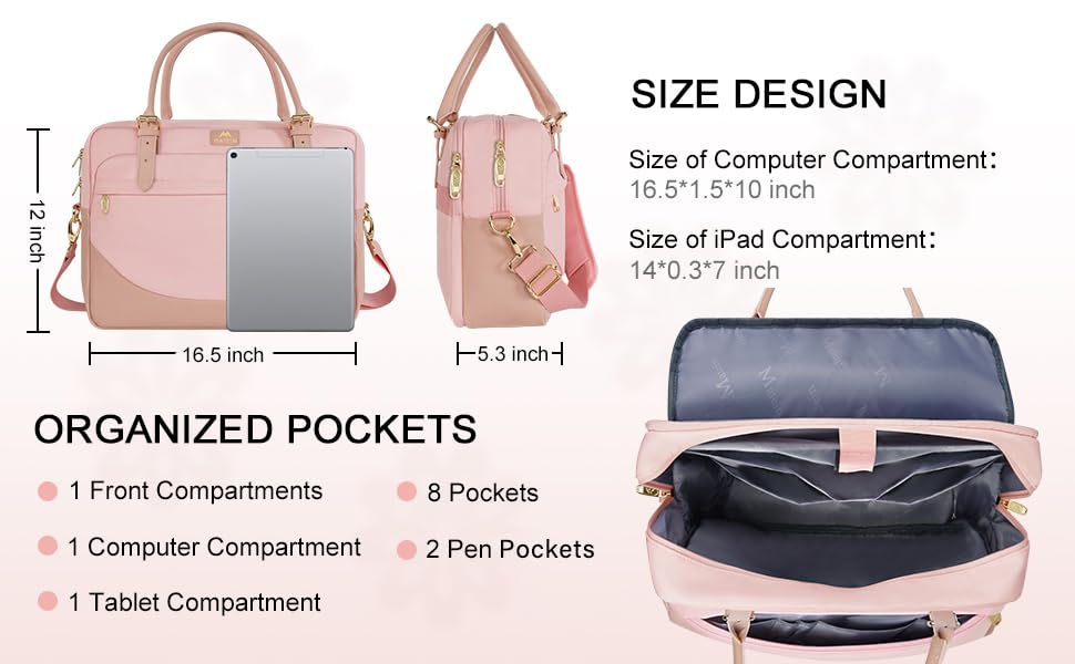 MATEIN 17 Inch Laptop Bag, Large Waterproof Laptop Carrying Case with Adjustable Handle, Cute Pink Briefcase Shoulder Messenger Bag Professional Work Computer Bag for Women Office College Travel, Pink