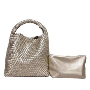 bevivid woven tote bag for women,woven bag purses and handbags,hand-woven tote handbag,woven shoulder bag,woven leather handbags champagne gold