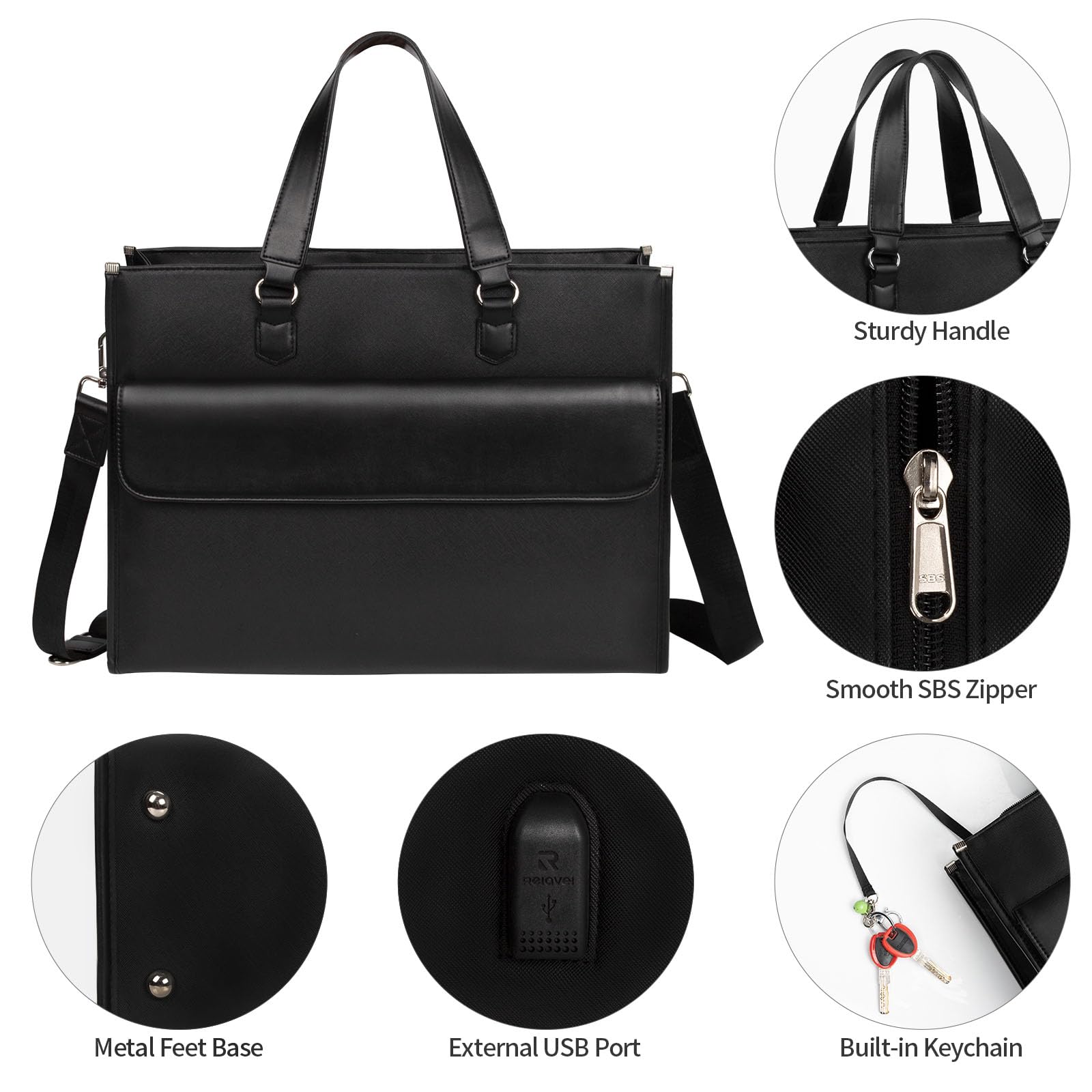 Laptop Bag for Women, Laptop Tote Bag 17 Inch, Waterproof Leather Computer Tote Bag with USB Charging Port, Women Briefcase Business Office Work Bag, Large Capacity Handbag Shoulder Bag Black