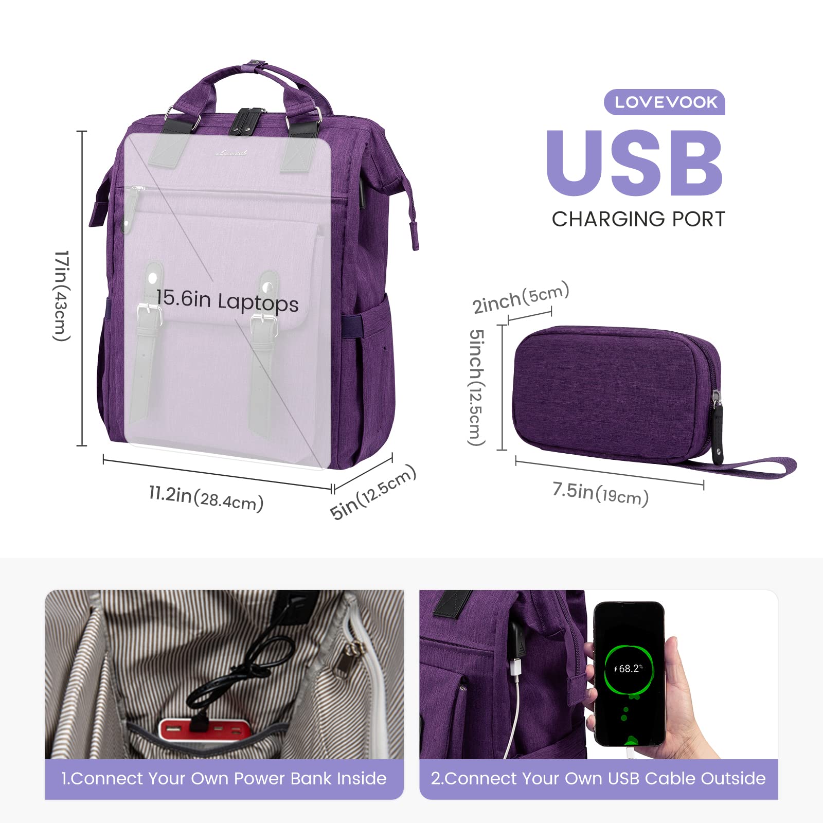 LOVEVOOK 15.6 inch Laptop Backpack for Women, Teacher Nurse Work Travel Backpacks Purse,Computer Bag with USB Charging Port, Purple