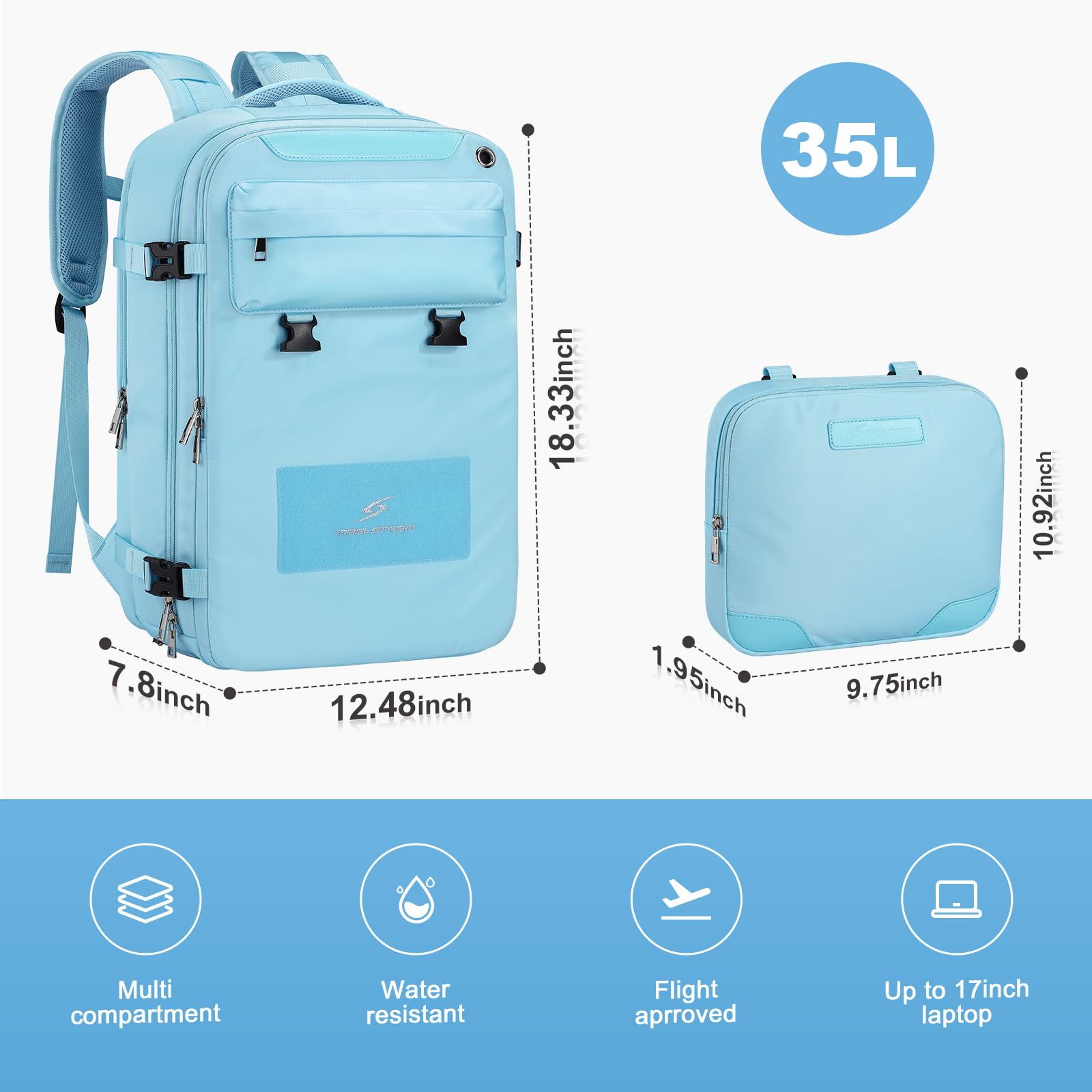 Maelstrom Travel Backpack for Women Men,35L Laptop Backpack Fits 17-Inch Laptop,Waterproof Carry On Backpack for Airplanes with Detachable Crossbody Bag&Shoe Compartment,Light Blue, Large