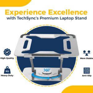 TechSync 360° Rotating Portable Laptop Stand for Desk, Aluminum Ergonomic Laptop Riser Adjustable height for MacBook & laptop up to 16" & Holds weight upto 22 lb, Swivel Laptop Holder Stand - Silver