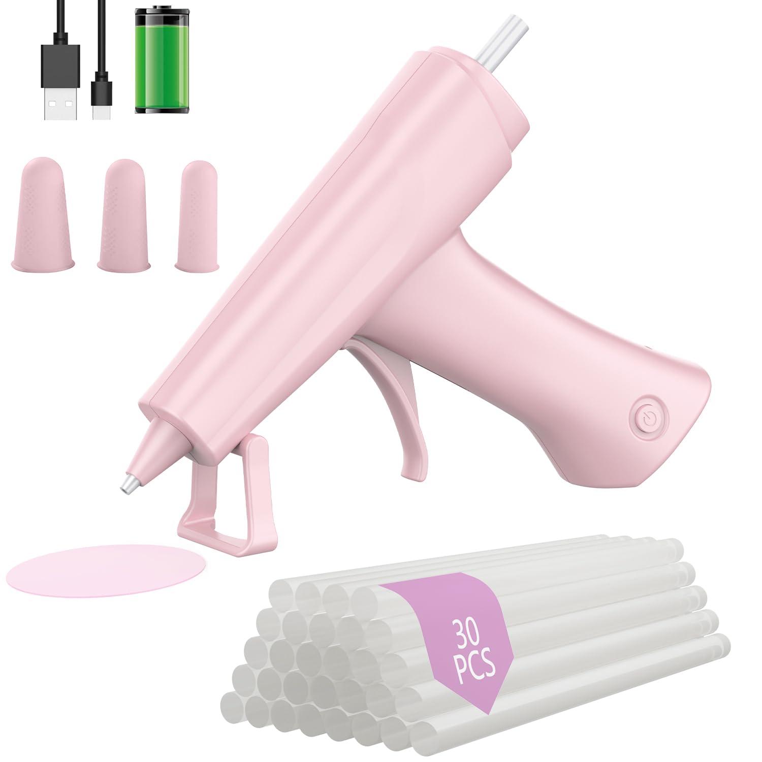 Gartree Hot Glue Gun Kit Cordless & Rechargeable with 30PCS Glue Sticks, Glue Gun and Sticks Set 10 Mins Smart Power-Off Mini Glue Gun for Crafts School DIY Projects Quick Repairs, Pink