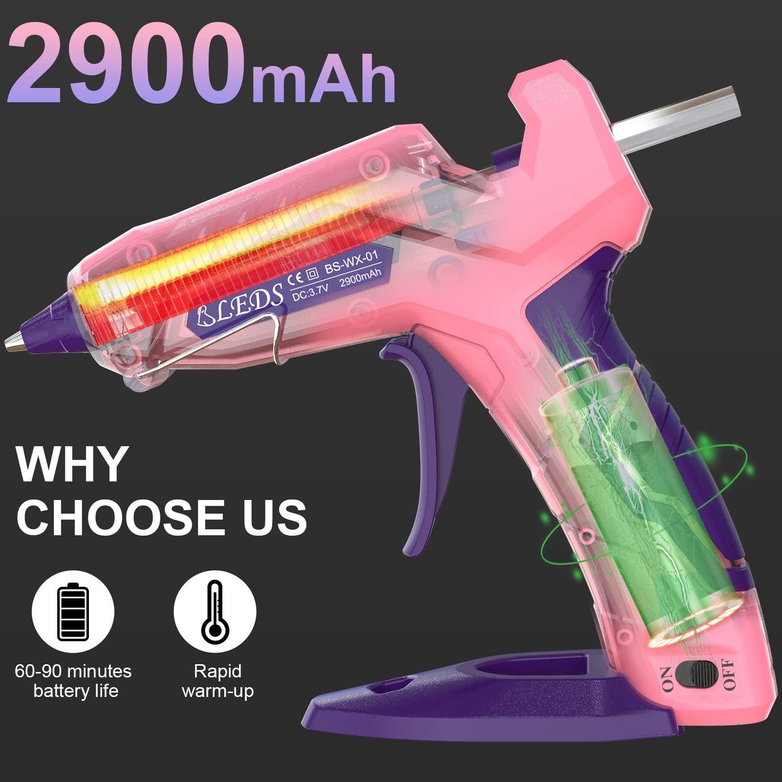 Cordless Glue Gun, BLEDS Rechargeable Fast Preheating Hot Glue Gun Kit with 2900 mAh Li-ion Battery 30 Pcs Colorful Glue Sticks Stand-Up Mini Hot Glue Gun No-Drip USB-C for DIY Gift Craft Decor