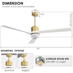 WINGBO 64" DC Ceiling Fan with Lights, 3 Reversible Solid Wood Blades, 6-Speed Noiseless DC Motor, Brass Finish Ceiling Fan with Remote, White